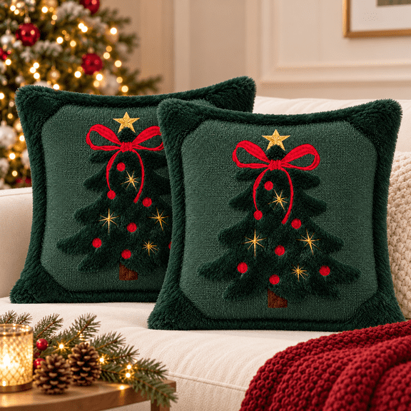 LOMYOLO Christmas Pillow Covers 18x18 Inch Set of 2, Dark Green 3D Plush Christmas Tree Throw Pillow Covers with Bow and Embroidered Accents, Holiday Winter Couch Sofa Home Decor