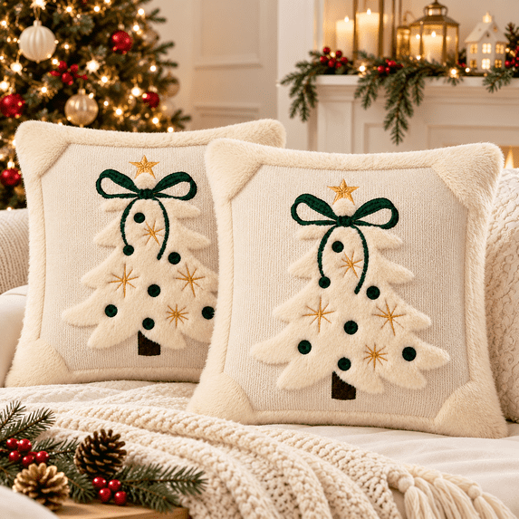LOMYOLO Christmas Pillow Covers 18x18 Inch Set of 2, Ivory White 3D Plush Christmas Tree Throw Pillow Covers with Bow and Embroidered Accents, Neutral Holiday Winter Couch Sofa Decor
