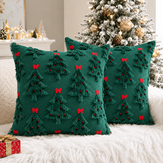 LOMYOLO Christmas Pillow Covers 18x18 Set of 2, Christmas Tree Throw Pillow Covers with Red Bow Embroidery, Holiday Pillow Covers for Couch Sofa Bed Farmhouse Winter Christmas Decor - Green