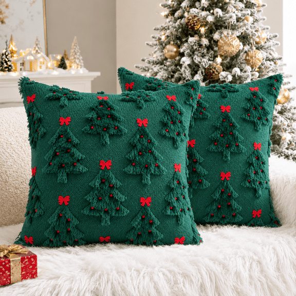 LOMYOLO Christmas Pillow Covers 18x18 Set of 2, Christmas Tree Throw Pillow Covers with Red Bow Embroidery, Holiday Pillow Covers for Couch Sofa Bed Farmhouse Winter Christmas Decor - Green
