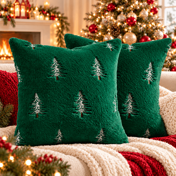LOMYOLO Christmas Pillow Covers 18x18IN Set of 2,Soft Faux Fur Throw Pillow Case with Embroidered Christmas Tree, Holiday Decorative Pillowcases for Couch Sofa Bed Farmhouse Winter Xmas Decor-GREEN