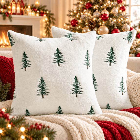 LOMYOLO Christmas Pillow Covers 18x18IN Set of 2,Soft Faux Fur Throw Pillow Case with Embroidered Christmas Tree, Holiday Decorative Pillowcases for Couch Sofa Bed Farmhouse Winter Xmas Decor-WHITE