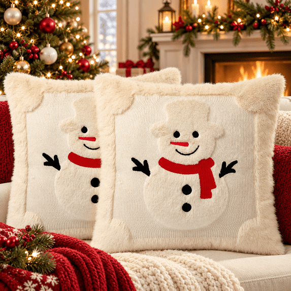 LOMYOLO Christmas Throw Pillow Covers 20x20IN Set of 2, Soft Faux Fur Holiday Decorative Pillow Covers for Couch Sofa Bed 3D Embroidered Couch Cover Home Decor Pillow Covers - Cute Snowman