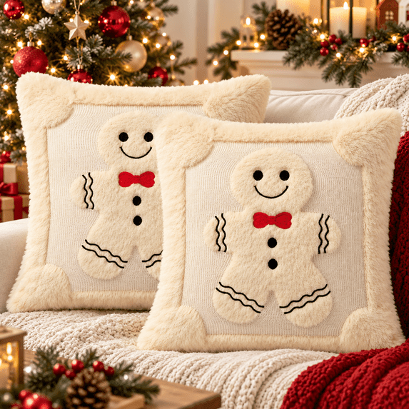 LOMYOLO Christmas Throw Pillow Covers 20x20IN Set of 2, Soft Faux Fur Holiday Decorative Pillow Covers for Couch Sofa Bed 3D Embroidered Couch Cover Home Decor Pillow Covers - Cute Gingerbread