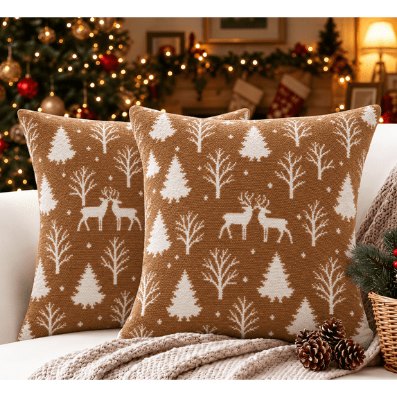 LOMYOLO Christmas Throw Pillow Covers Set of 2, 18x18IN Chenille Double Side Xmas Decorative Pillow Covers Soft Farmhouse Holiday Cushion Covers for Sofa Couch Bed, Christmas Tree Reindeer Snowflake