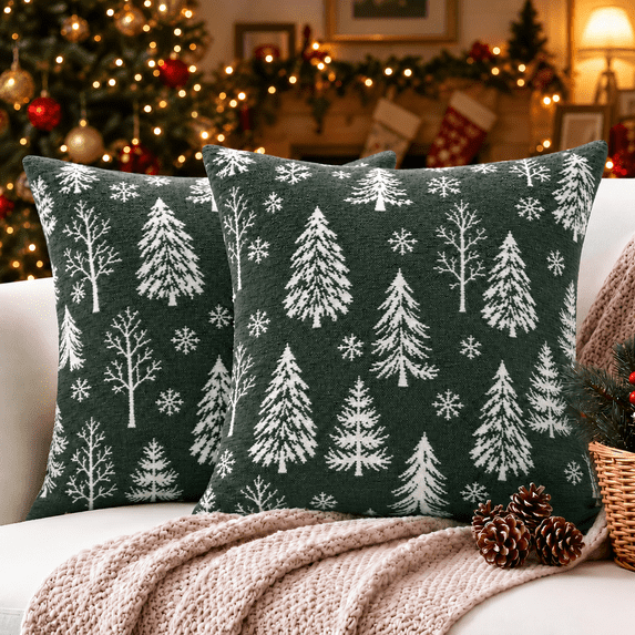 LOMYOLO Christmas Throw Pillow Covers Set of 2, 20x20IN Chenille Double Side Xmas Decorative Pillow Covers Soft Farmhouse Holiday Cushion Covers for Sofa Couch Bed, Christmas Tree Reindeer Snowflake