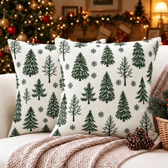 LOMYOLO Christmas Throw Pillow Covers Set of 2, 18x18IN Chenille Double Side Xmas Decorative Pillow Covers Soft Farmhouse Holiday Cushion Covers for Sofa Couch Bed, Christmas Tree Reindeer Snowflake