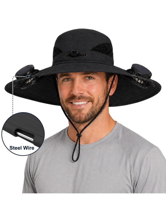 Sun Hats for Men Women with 2 Solar Fans Wide Brim Fans Fishing Hat Water Resistant Breathable Mesh Outdoor Fishing Hiking Camping Hat with Adjustable Chin Strap