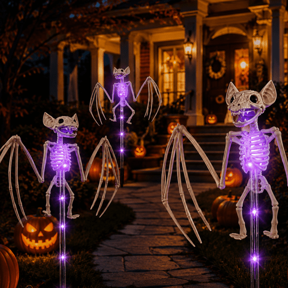 LOMYOLO Halloween Solar Pathway Lights Outdoor, 2 Pack Bat Landscape Path Lights with 8 Lighting Modes, Purple/Red LED Solar Garden Stake Lights for Yard Lawn Walkway Porch Halloween Decorations