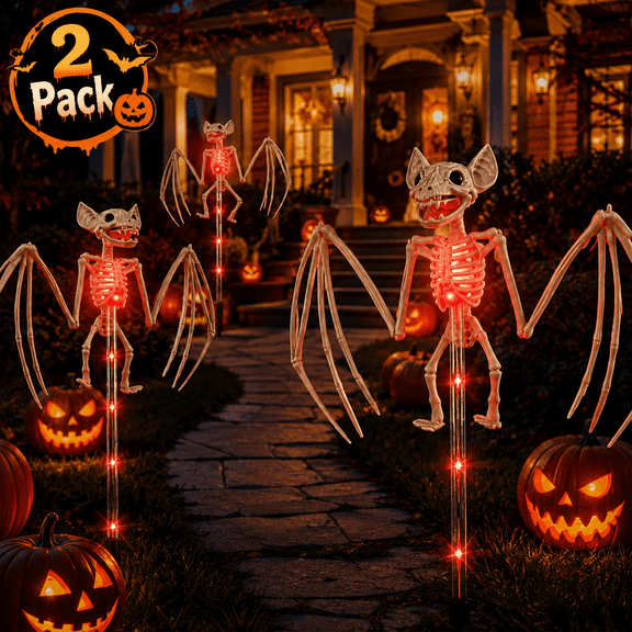 LOMYOLO Halloween Solar Pathway Lights Outdoor, 2 Pack Bat Landscape Path Lights with 8 Lighting Modes, Purple/Red LED Solar Garden Stake Lights for Yard Lawn Walkway Porch Halloween Decorations
