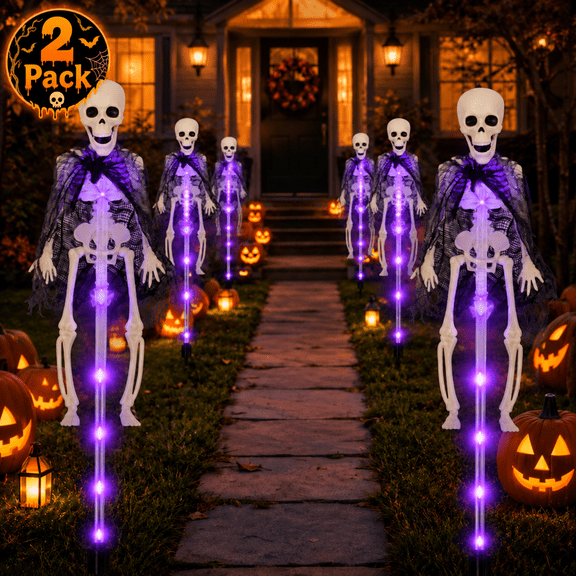 LOMYOLO Halloween Solar Pathway Lights Outdoor, 2 Pack Skeleton Landscape Path Lights with 8 Lighting Modes, Purple/Red LED Solar Garden Stake Lights for Yard Lawn Walkway Porch Halloween Decorations