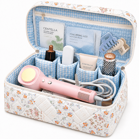 LOMYOLO Large Quilted Makeup Bag for Women, Travel Cosmetic Organizer Bag with Compartments, Floral Toiletry Bag with Mesh Pocket, Portable Makeup Organizer for Hair Tools, Brushes Travel Essentials