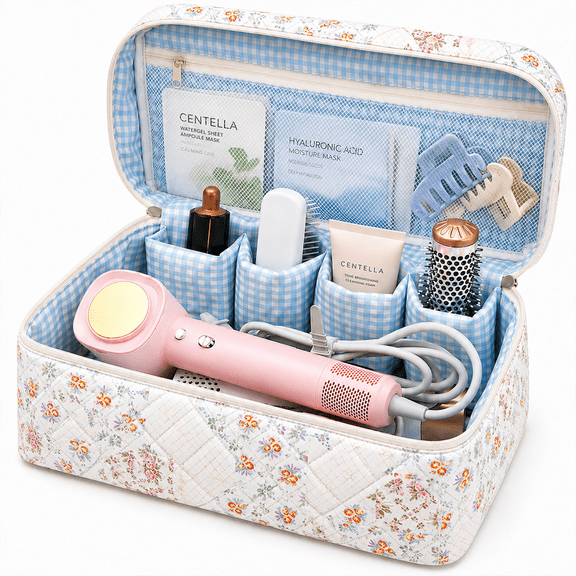 LOMYOLO Large Quilted Makeup Bag for Women, Travel Cosmetic Organizer Bag with Compartments, Floral Toiletry Bag with Mesh Pocket, Portable Makeup Organizer for Hair Tools, Brushes Travel Essentials