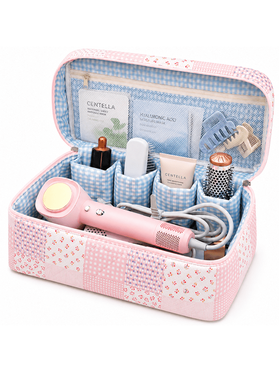 Large Quilted Makeup Bag for Women, Travel Cosmetic Organizer Bag with Compartments, Floral Toiletry Bag with Mesh Pocket, Portable Makeup Organizer for Hair Tools, Brushes Travel Essentials