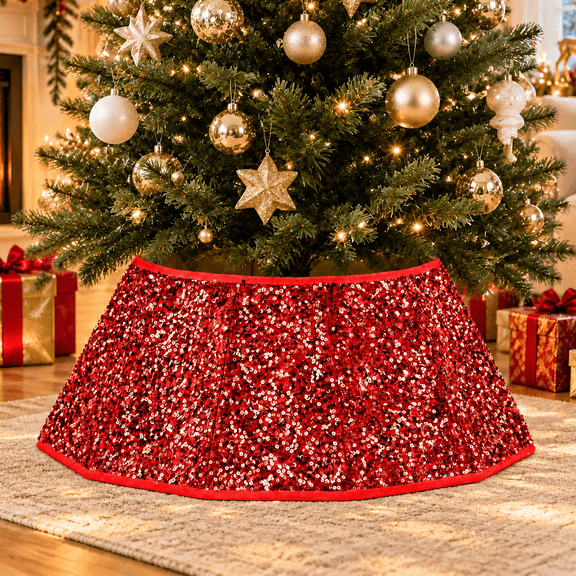LOMYOLO Sequin Christmas Tree Collar, Sparkling Christmas Tree Skirt Stand Cover, Foldable Tree Base Cover for Holiday Xmas Decorations, RED - 24 in
