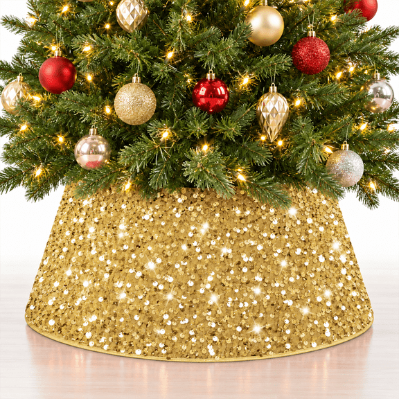 LOMYOLO Sequin Christmas Tree Skirt 24in Round Christmas Tree Collar Tree Stand Cover, Sparkly Xmas Tree Skirt for Holiday Indoor Decorations Rings Glitter Base Skirt for Christmas Party Decor-GOLD