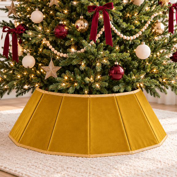 LOMYOLO Velvet Christmas Tree Collar 30 Inch Foldable Christmas Tree Skirt Stand Cover, Plush Xmas Tree Base Cover with Gold Trim, Christmas Tree Collar for Indoor Holiday Decorations - GOLD
