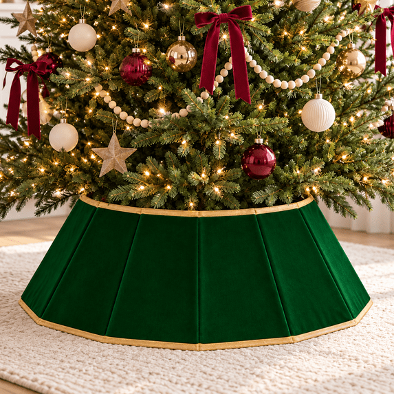 LOMYOLO Velvet Christmas Tree Collar 30 Inch Foldable Christmas Tree Skirt Stand Cover, Plush Xmas Tree Base Cover with Gold Trim, Christmas Tree Collar for Indoor Holiday Decorations - GREEN