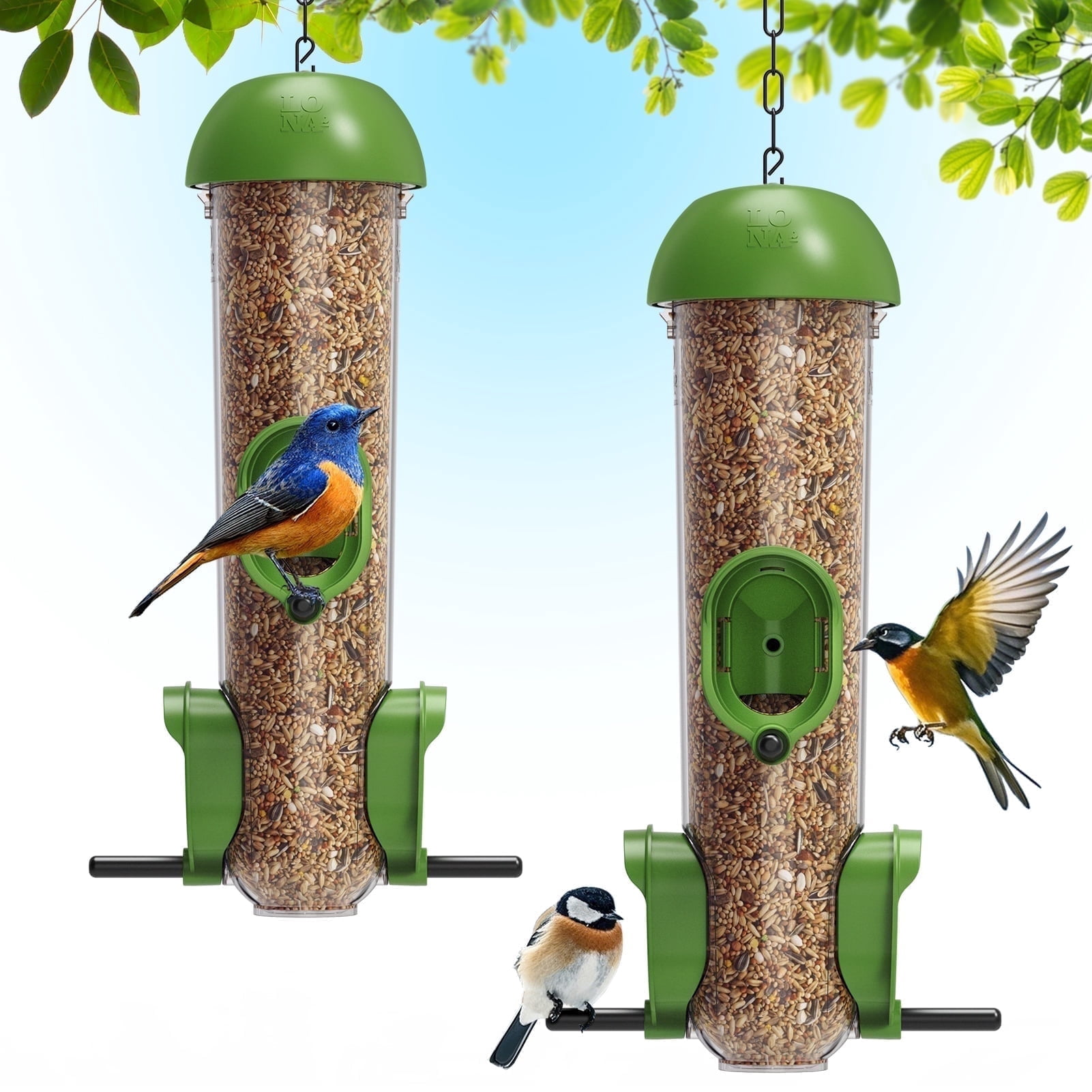 LONA-D3 Outdoor Bird Feeders 2-Pack, 3-Port Weatherproof Tube Feeders