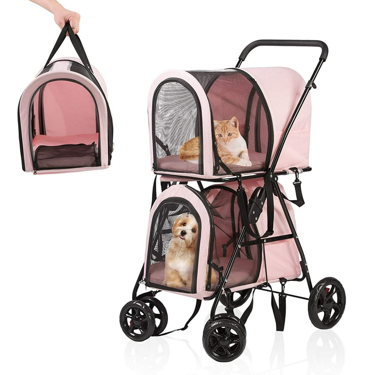 LONABR Folding Dog Stroller 3 in 1 Double Pet Stroller Detachable Carrier Bags Large 4 Wheels Jogger for Pet Cat Kitten Puppy Carriages Pink 2 cage Walmart
