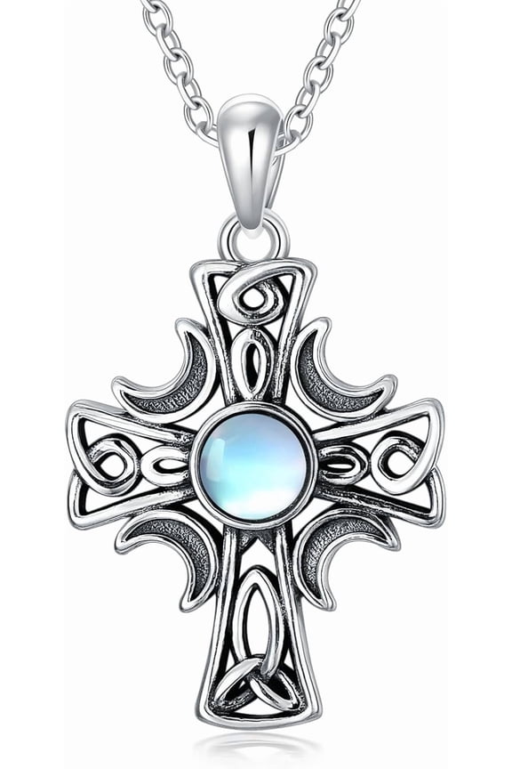 LONAGO Celtic Moonstone Necklace Sterling Silver Cross/Compass/Claddagh/Triskelion Pendant Necklace Celtic Knot Wiccan Jewelry Gifts for Women
