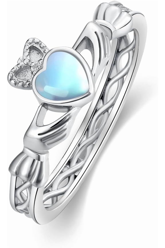 LONAGO Claddagh Ring for Women Sterling Silver Irish Celtic Claddagh Natural Heart Moonstone Ring Irish Hands Holding Crown Celtic Knot Pendant Jewelry Size 6-9