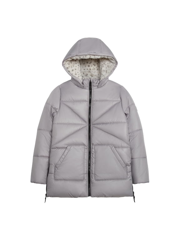 Girls Heavyweight Hooded Winter Jacket Full Zip, Silver, 6X