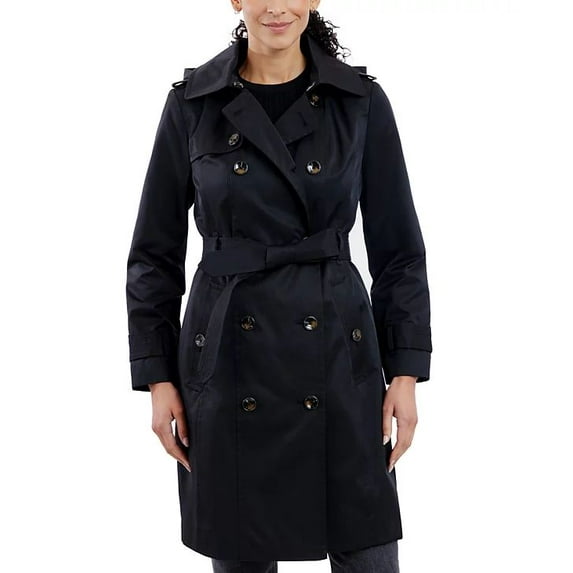 LONDON FOG Women's Black Double Breasted Belted Trench Coat Jacket