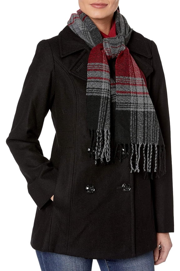 Women's Plus-Size Double Breasted Peacoat with Scarf Large Black