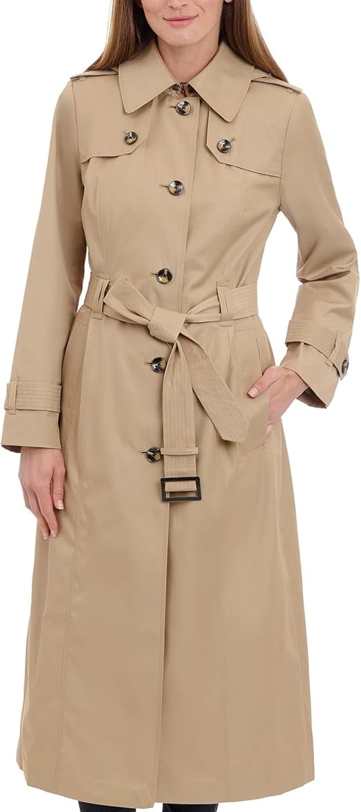 LONDON FOG Women's Single Breasted Long Trench Coat with Epaulettes and Belt, BR Khaki, Large