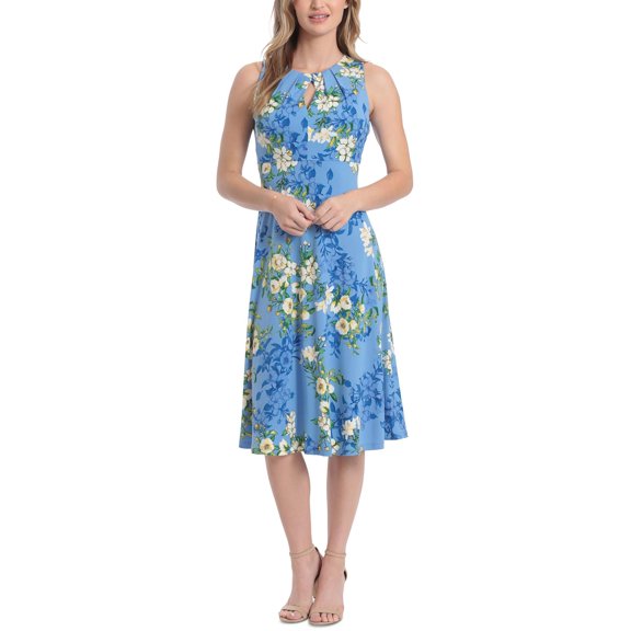 LONDON TIMES Womens Blue Pleated Zippered Keyhole Floral Sleeveless Round Neck Midi Party Fit + Flare Dress 10