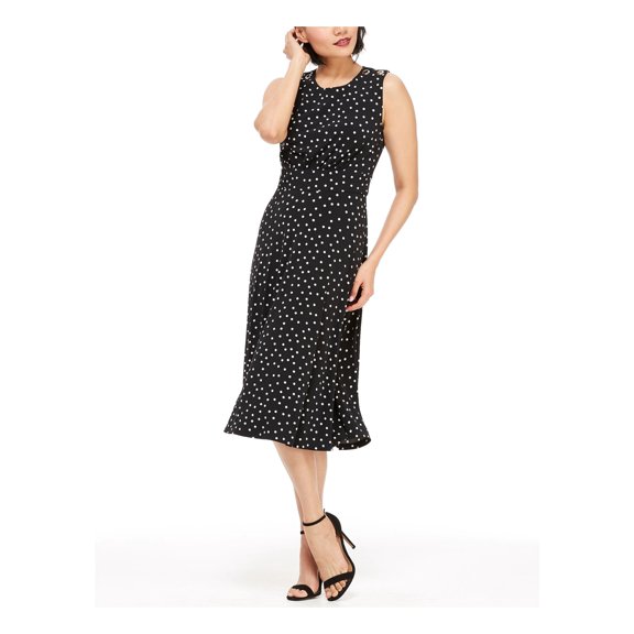 LONDON TIMES Womens Navy Jersey Gathered Zippered Partially Lined Polka Dot Sleeveless Crew Neck Below The Knee Fit + Flare Dress Petites 12P