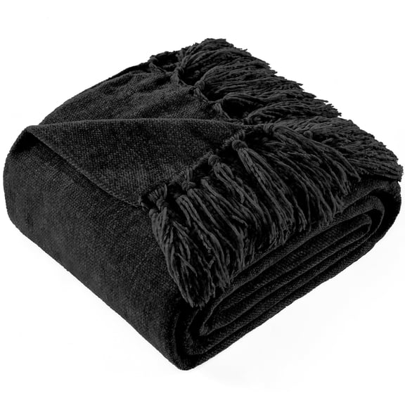 LONG CREATE Chenille Throw Blanket with Fringe Tassel for Couch Sofa Chair Bed, Black 50" X 70"