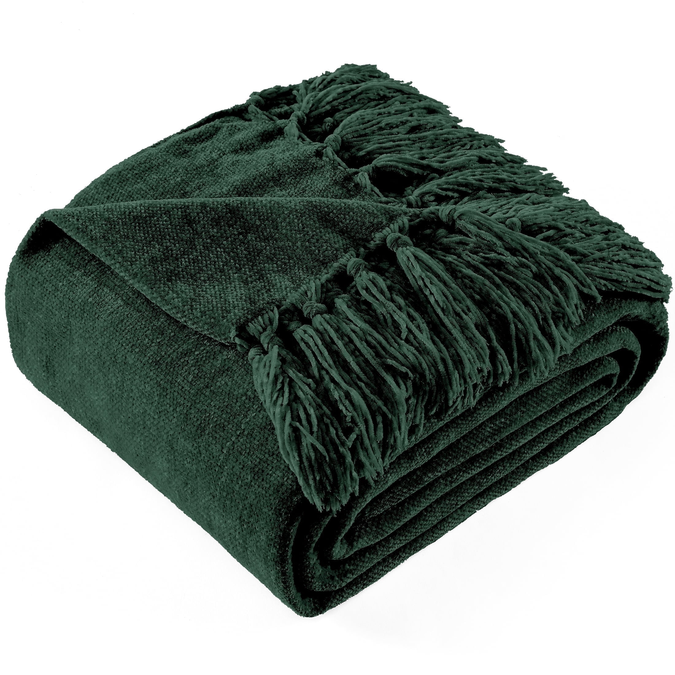 LONG CREATE Chenille Throw Blanket with Fringe Tassel for Couch Sofa Chair Bed, Dark Green 50" x 70"