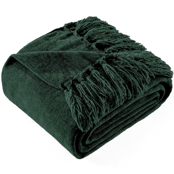 LONG CREATE Chenille Throw Blanket with Fringe Tassel for Couch Sofa Chair Bed, Dark Green 50" x 70"