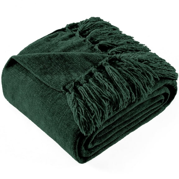 LONG CREATE Chenille Throw Blanket with Fringe Tassel for Couch Sofa Chair Bed, Dark Green 50" X 70"