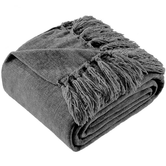 LONG CREATE Chenille Throw Blanket with Fringe Tassel for Couch Sofa Chair Bed, Dark Grey 50" X 70"