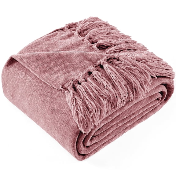 LONG CREATE Chenille Throw Blanket with Fringe Tassel for Couch Sofa Chair Bed, Mauve 50" x 70"