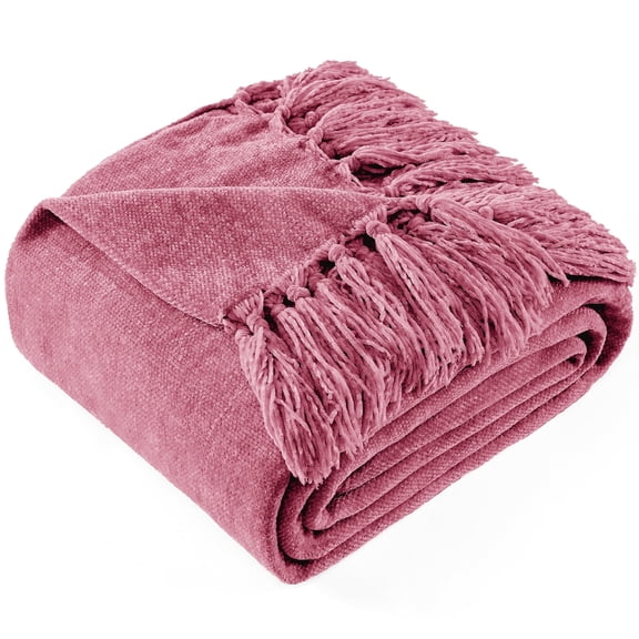 LONG CREATE Chenille Throw Blanket with Fringe Tassel for Couch Sofa Chair Bed, Rose Pink 50" x 70"