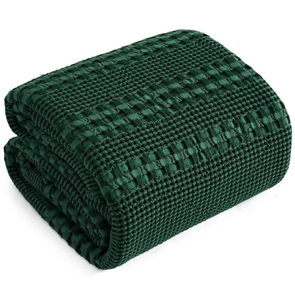 LONG CREATE Cooling Cotton Waffle Blanket Twin Size, Soft Breathable for Hot Sleepers, Bed Couch Sofa, Dark Green, 66" x 90"