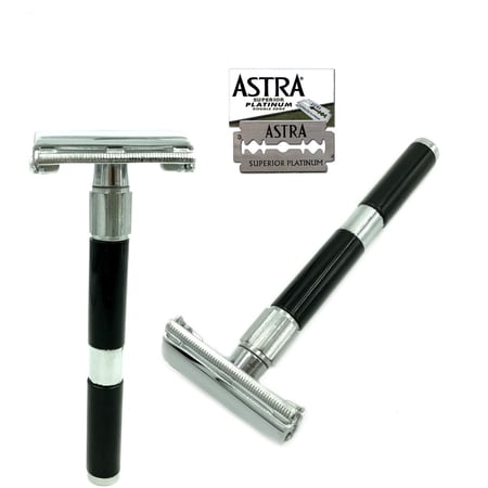 LONG HANDLE DOUBLE EDGE BUTTERFLY OPENING SAFETY RAZOR + FREE BLADES BLACK