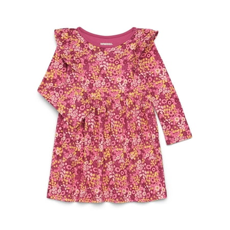 Garanimals Toddler Girl Long Sleeve Printed Dress with Ruffle Shoulders, Sizes 18M-5T