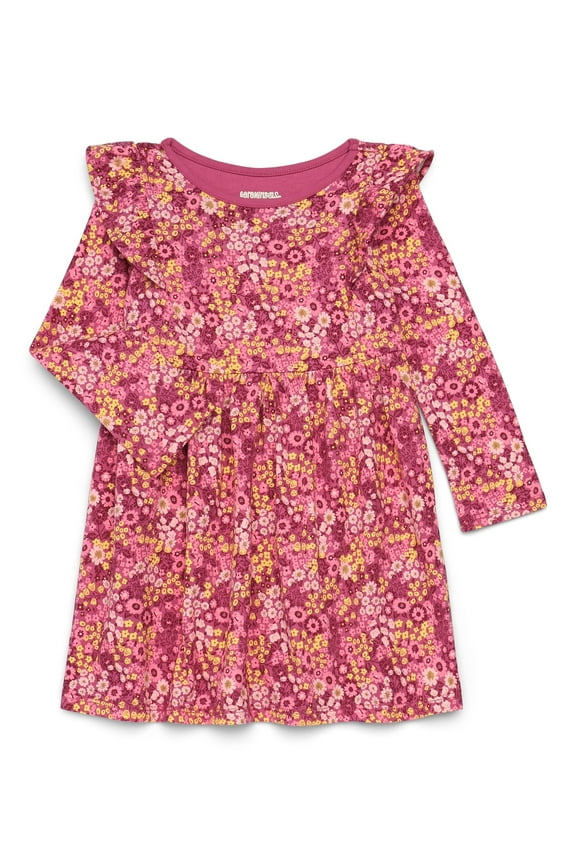 Toddler Girl Long Sleeve Printed Dress with Ruffle Shoulders, Sizes 18M-5T