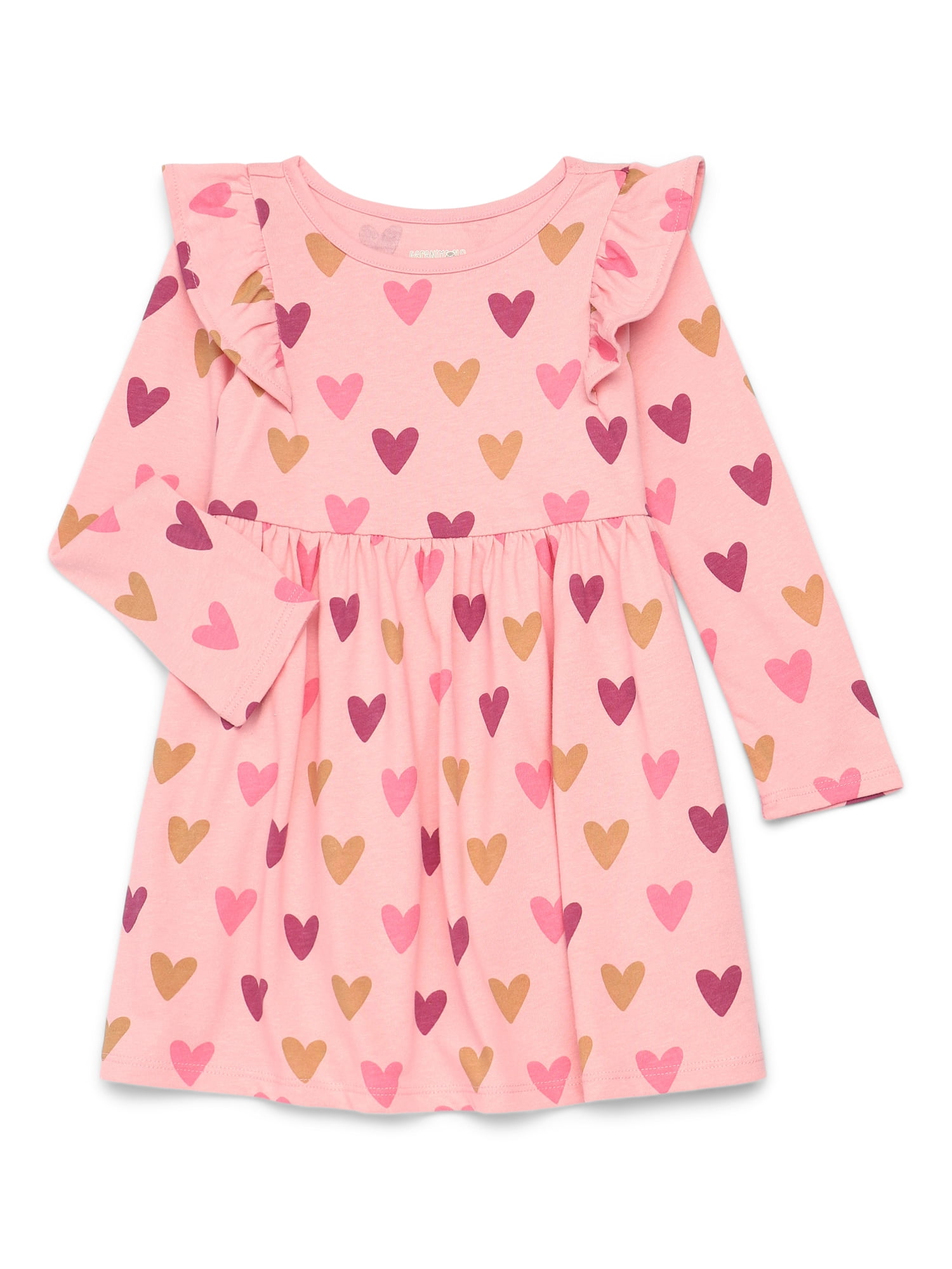 Garanimals Toddler Girl Long Sleeve Printed Dress with Ruffle Shoulders, Sizes 18M-5T