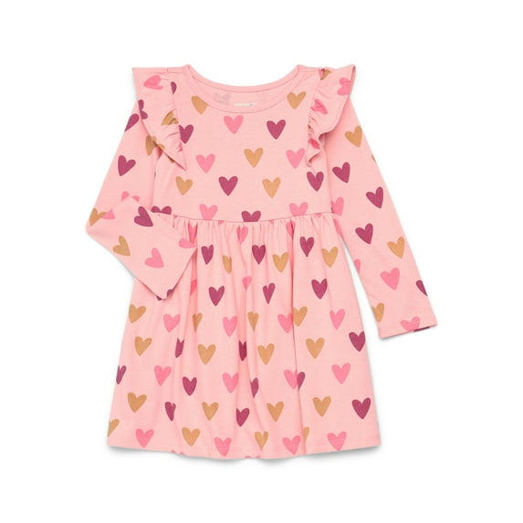Garanimals Toddler Girl Long Sleeve Printed Dress with Ruffle Shoulders, Sizes 18M-5T