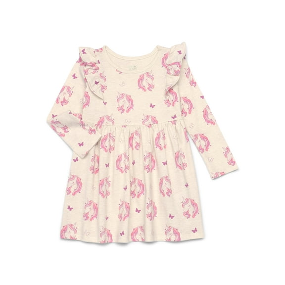 Garanimals Toddler Girl Long Sleeve Printed Dress with Ruffle Shoulders, Sizes 18M-5T