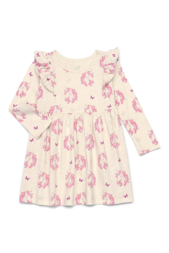 Toddler Girl Long Sleeve Printed Dress with Ruffle Shoulders, Sizes 18M-5T
