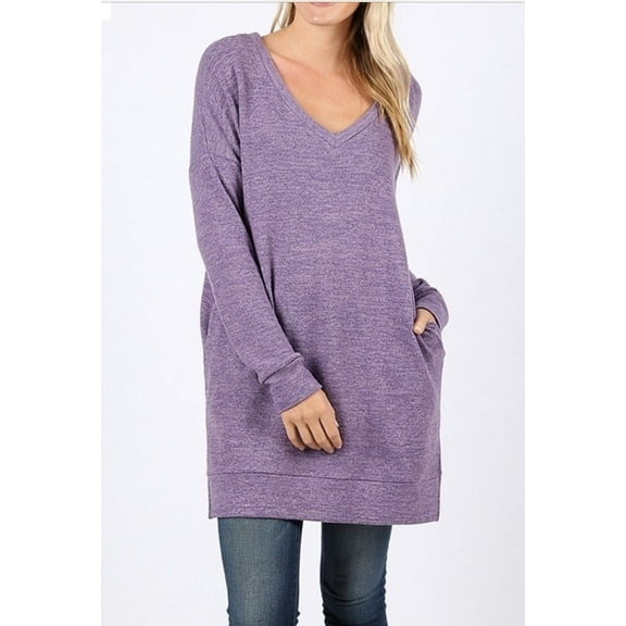 LONG SLEEVE V-NECK BRUSHED MELANGE SWEATER (Small)