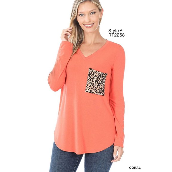 LONG SLEEVE V-NECK LEOPARD PRINT POCKET TOP
