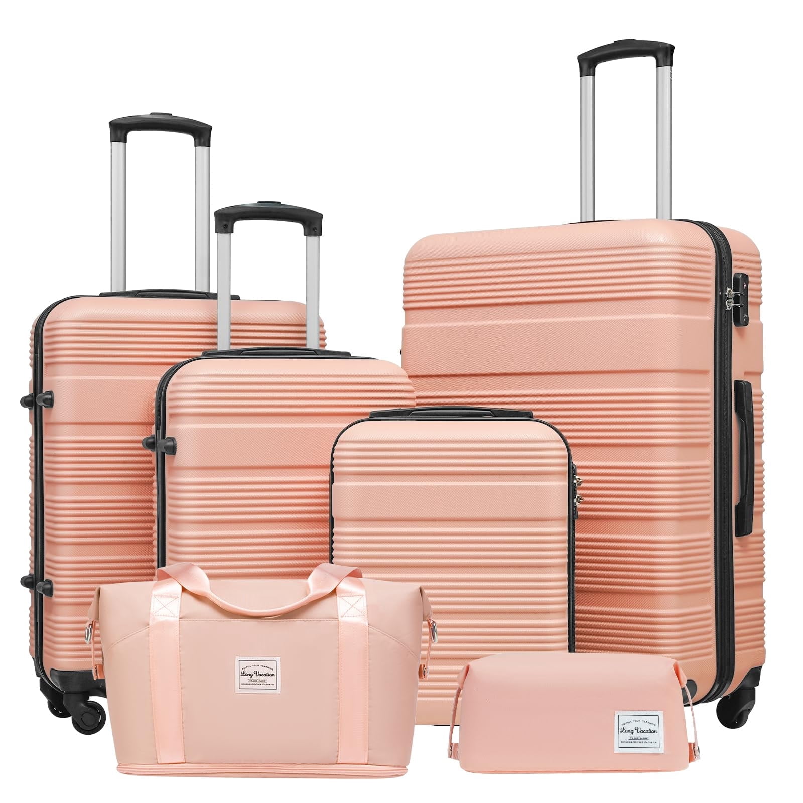 LONG VACATION 6 Piece ABS+PC Hardshell Luggage Set with Spinner Wheels, Lightweight suitcase set with TSA Lock & YKK Zipper, Pink